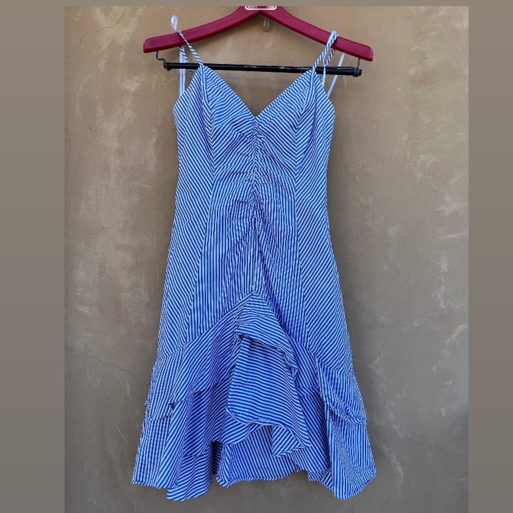 Tiered Rushed Mini Dress Blue White Stripe size Small
